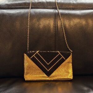 Jessica McClintock Gold and Black Geometric Clutch